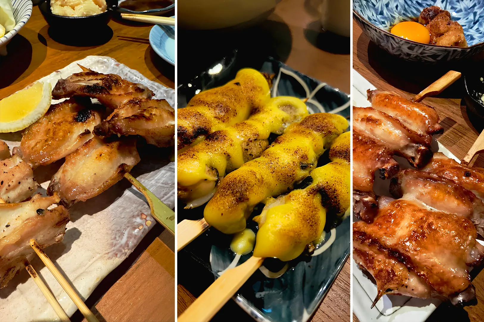 Assorted Japanese izakaya dishes including grilled chicken skewers, cheese yakitori, chicken wings, and Japanese pub food on small plates