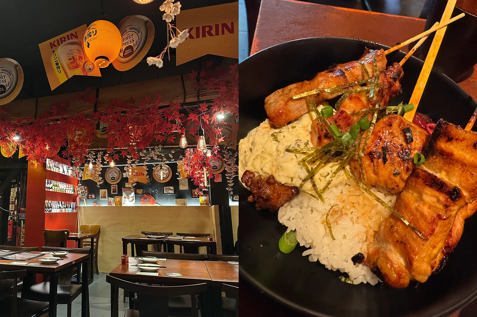 Yakitori Gosso interior with decorations and seating along side with Yakitori skewers and grilled items on rice