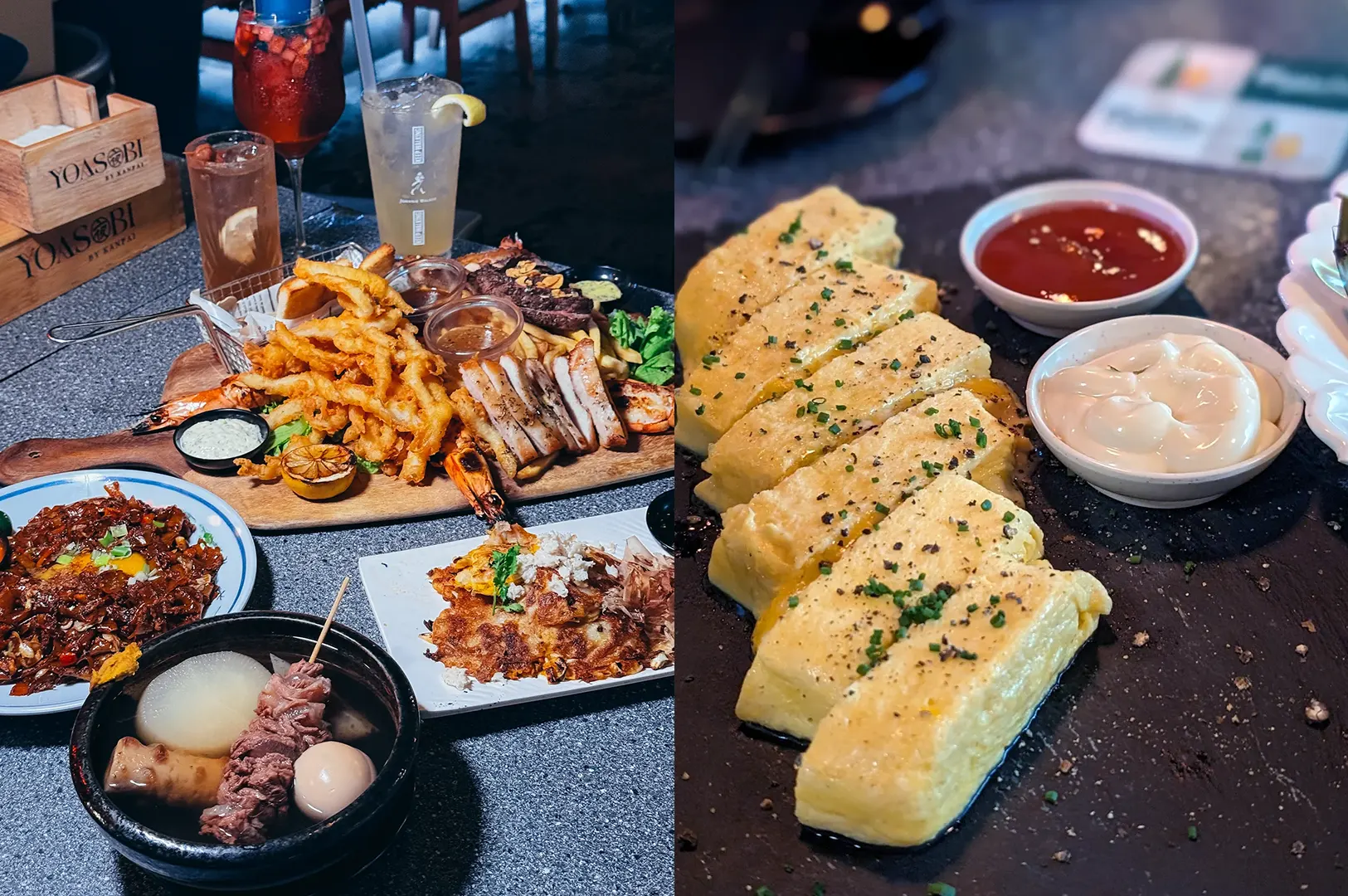 Izakaya spread with oden, katsu, fries, and drinks; tamagoyaki slices with dipping sauces.