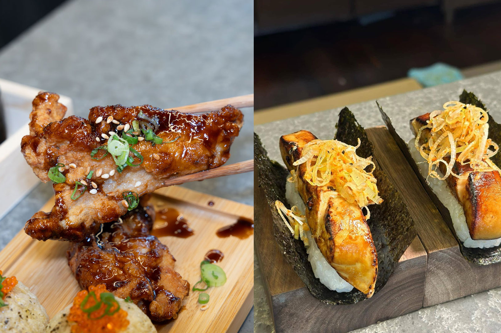 Crispy Japanese karaage chicken and grilled salmon handrolls at contemporary Singapore handroll restaurant