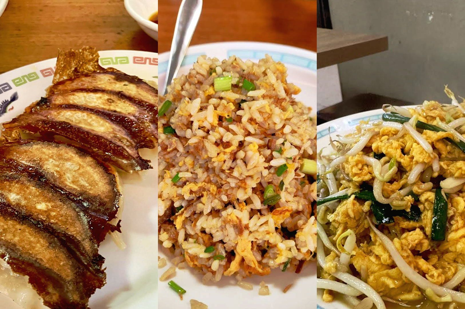 Japanese fried rice, crispy gyoza, and stir-fried noodles