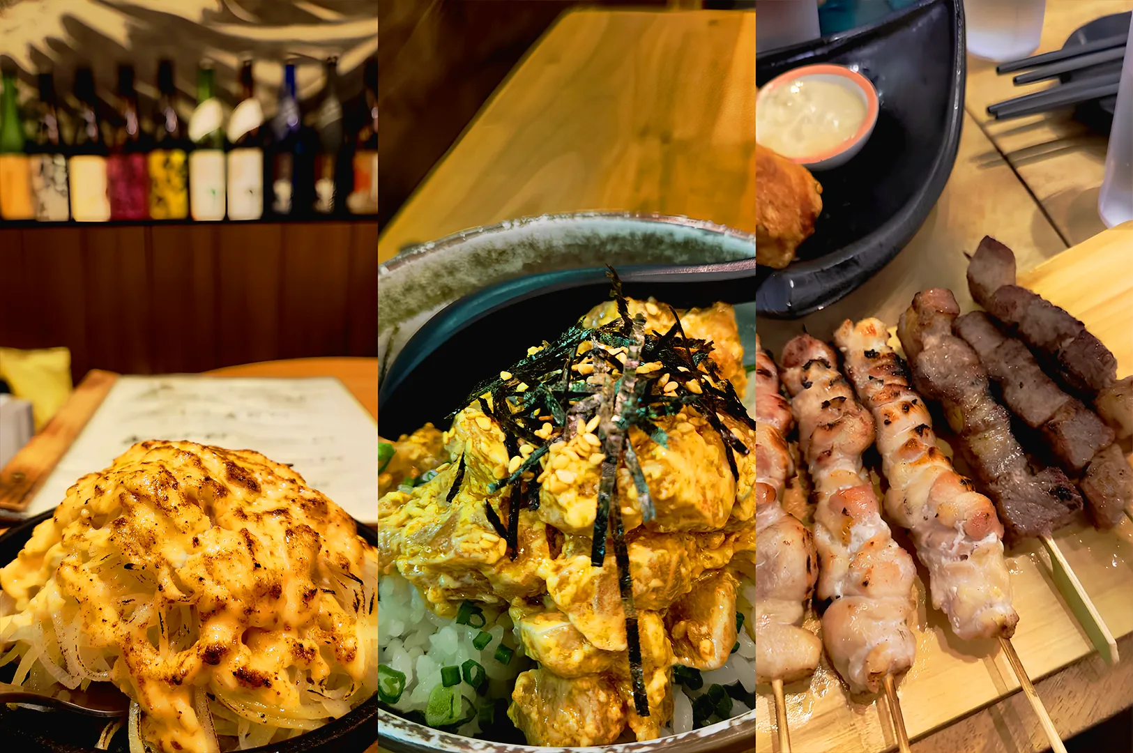 Assorted Japanese izakaya dishes including grilled yakitori skewers, creamy baked pasta, and rice bowl in Singapore restaurant