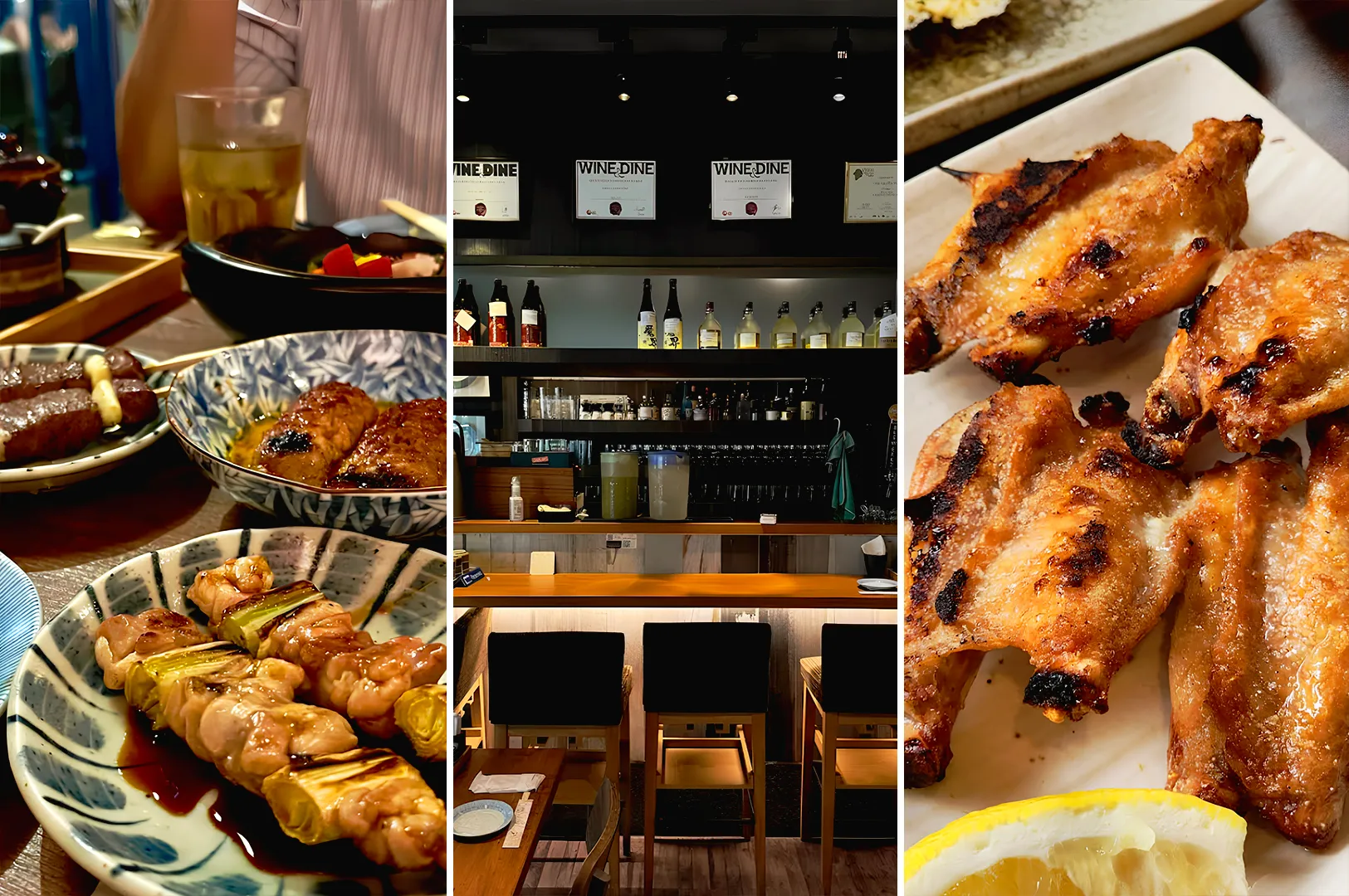 Japanese yakitori skewers with grilled chicken and leek served in a cozy izakaya dining setting with warm lighting