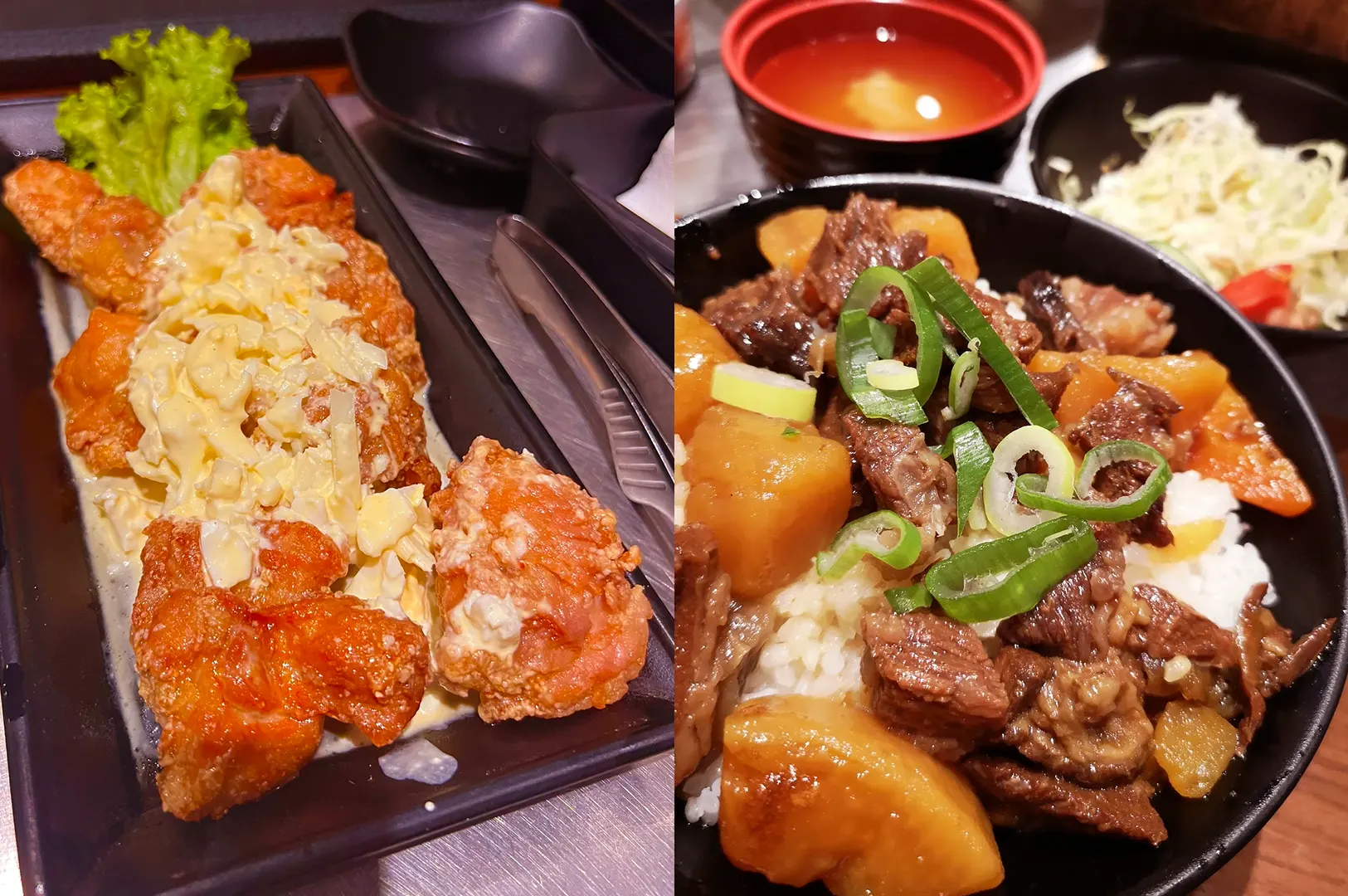 Fried chicken cutlet with cheese and beef stew with potatoes on rice.