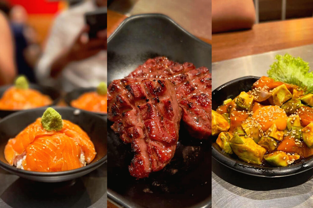 Salmon donburi, grilled beef tongue, and avocado salad