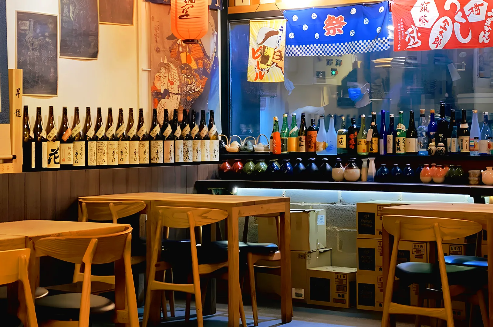 Cozy Japanese izakaya interior in Singapore with sake bottles, wooden tables, and warm ambient lighting