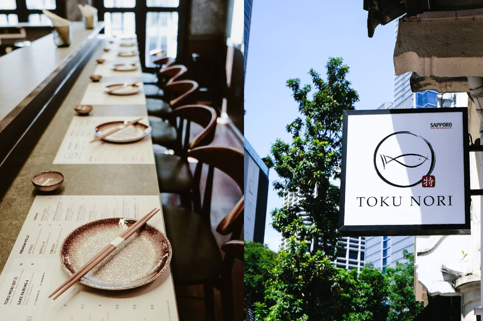 Exterior signage and cozy counter dining setup at Toku Nori Japanese handroll bar in Singapore
