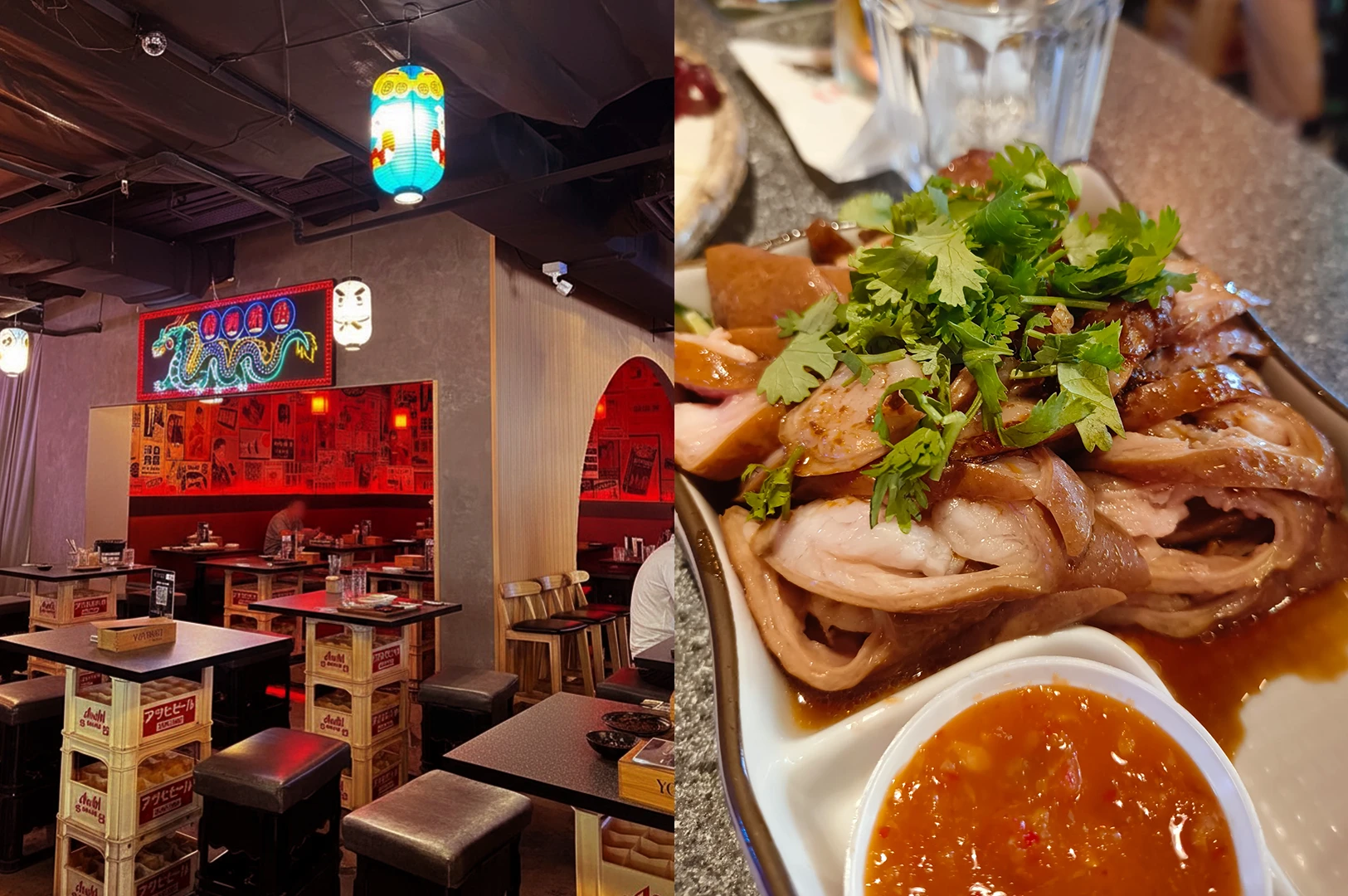 Izakaya interior with neon signage and sliced roasted meat with greens and dipping sauce.