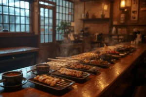 Warm izakaya counter with grilled skewers and rain outside.