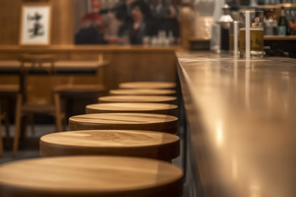 Izakaya counter seats with dishes visible in background.