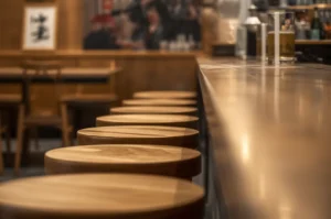 Izakaya counter seats with dishes visible in background.