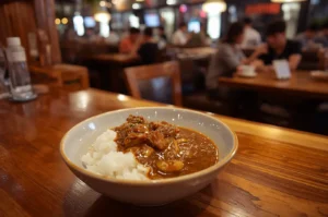 Curry rice at izakaya with diners in background.