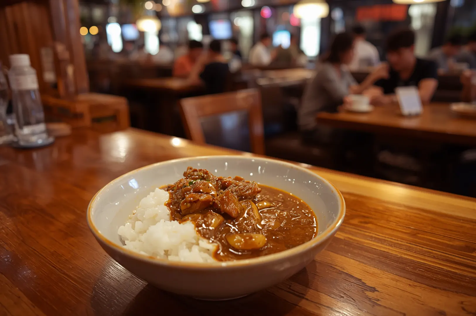 Curry rice at izakaya with diners in background.