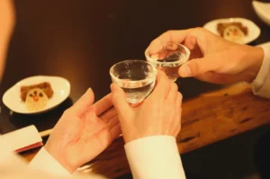 Two hands clink small glasses filled with clear liquid, with small plates of food in the background.