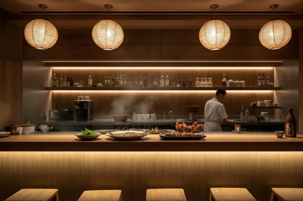 Singapore izakaya counter with varied dishes and sake.