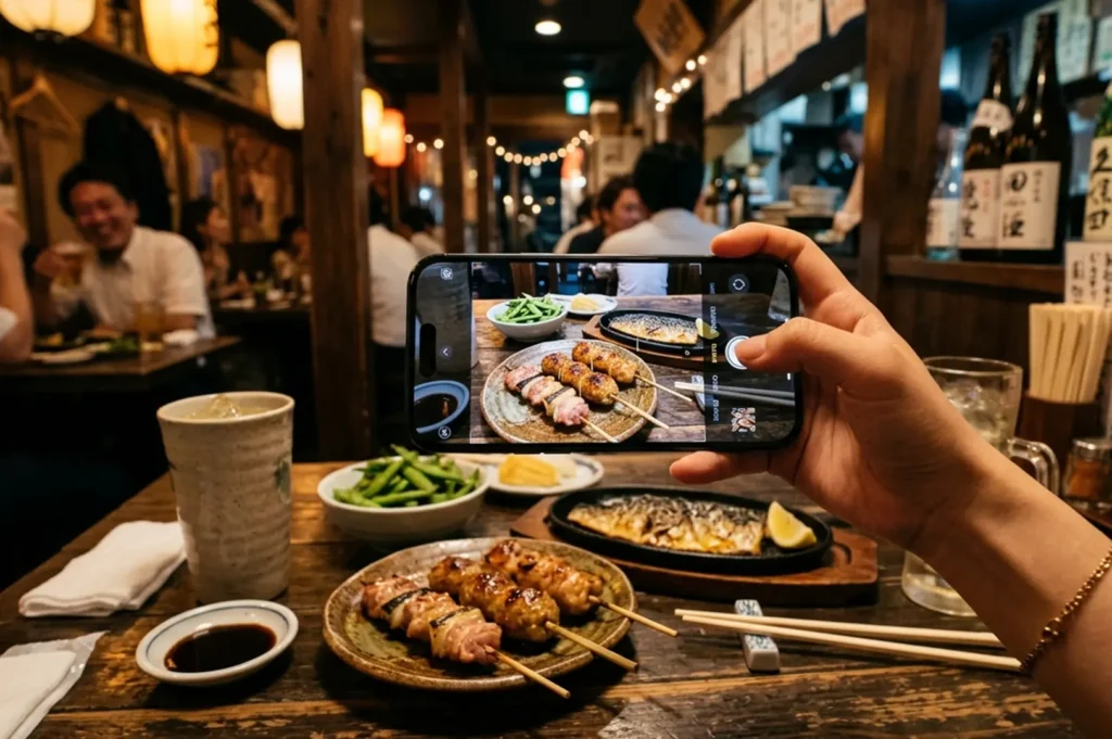 A hand taking a photo of skewers and dishes on a restaurant table.