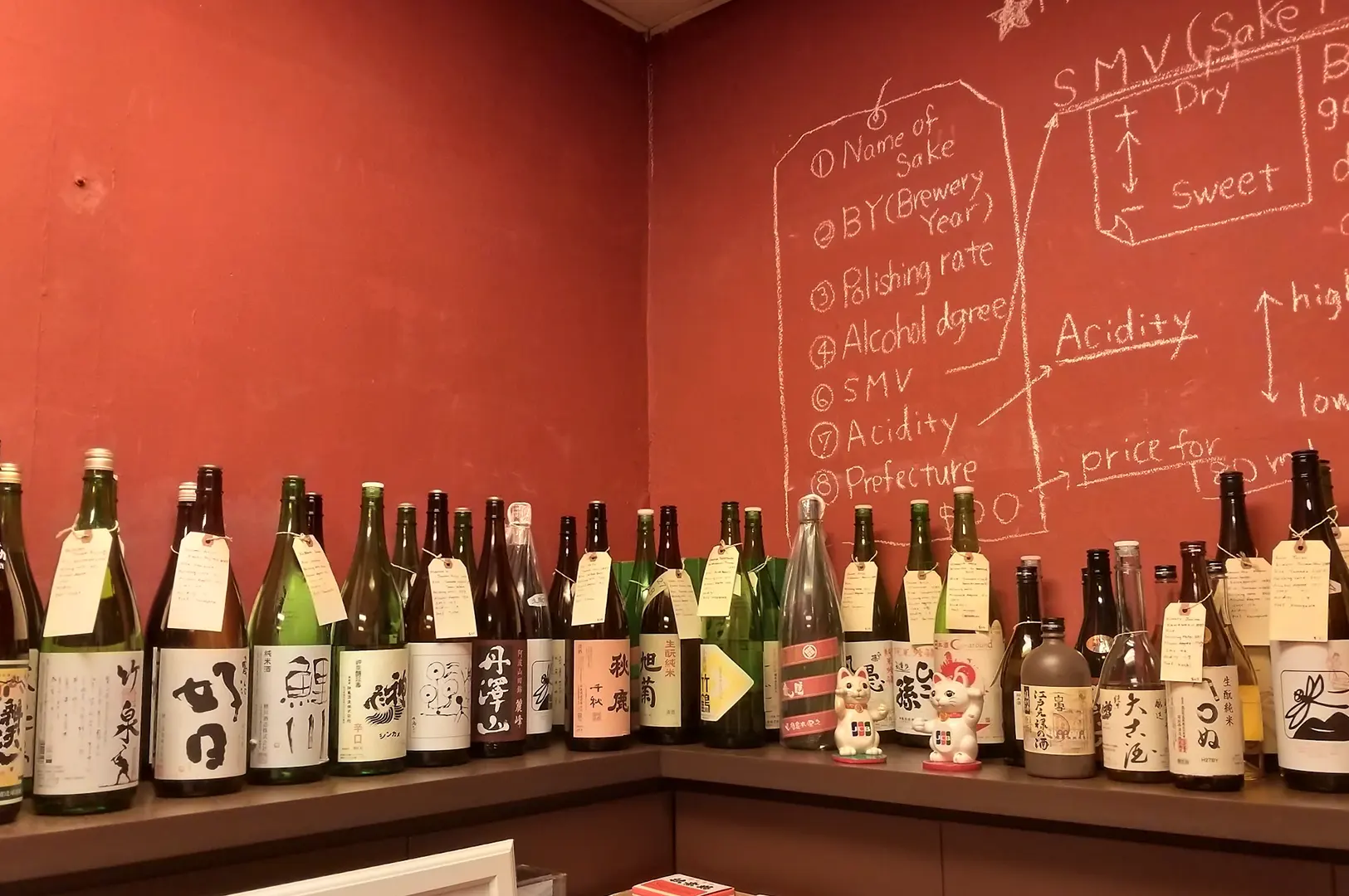 Sake bottle display with handwritten tasting notes on wall.