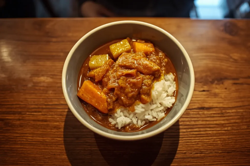 Overhead view of curry rice in bowl.