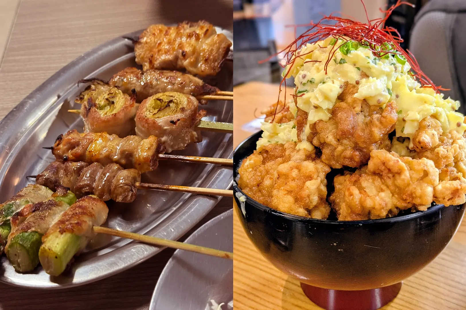 Yakitori skewers and fried chicken bowl