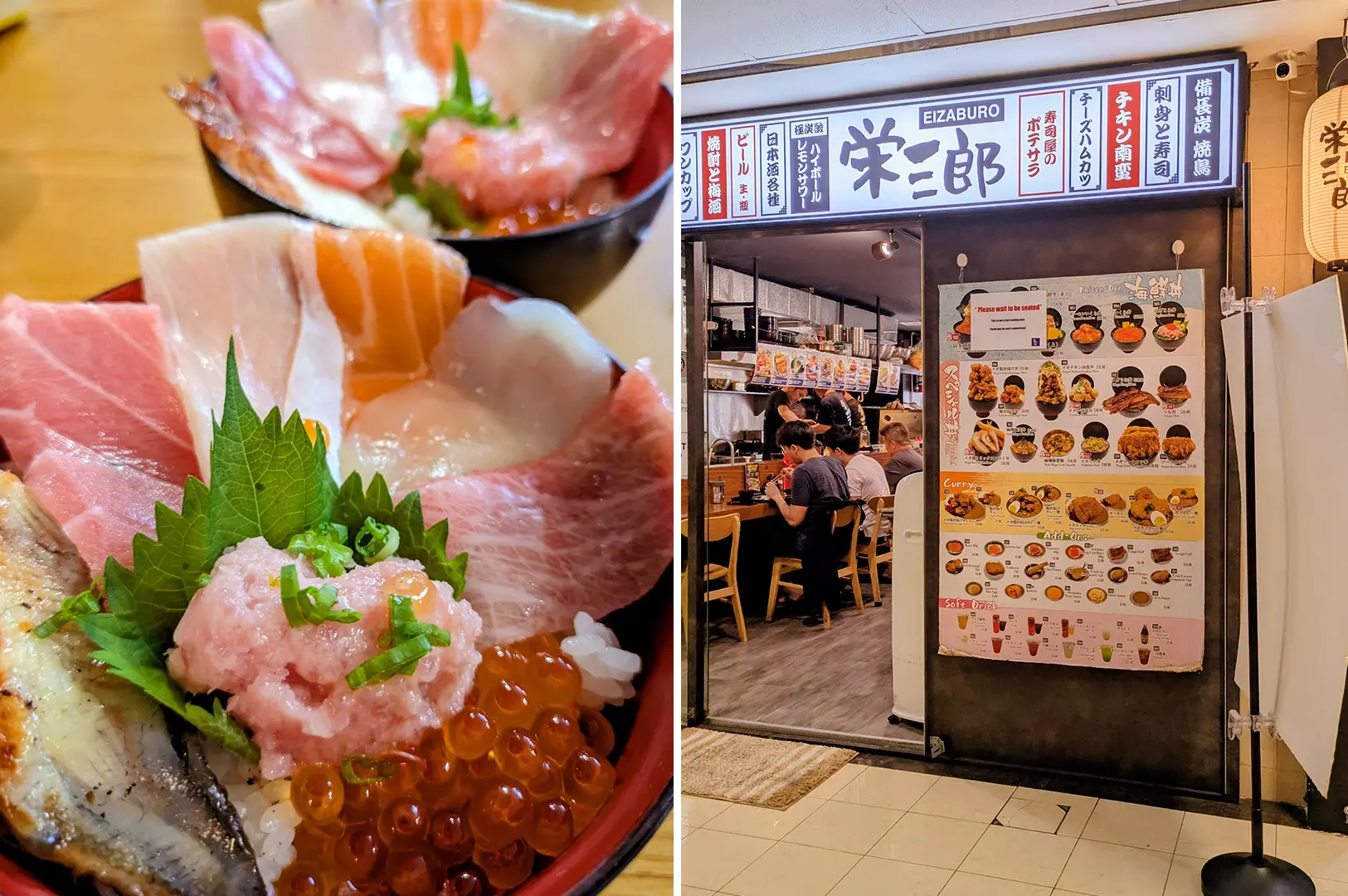Chirashi bowl with assorted sashimi, storefront with menu display