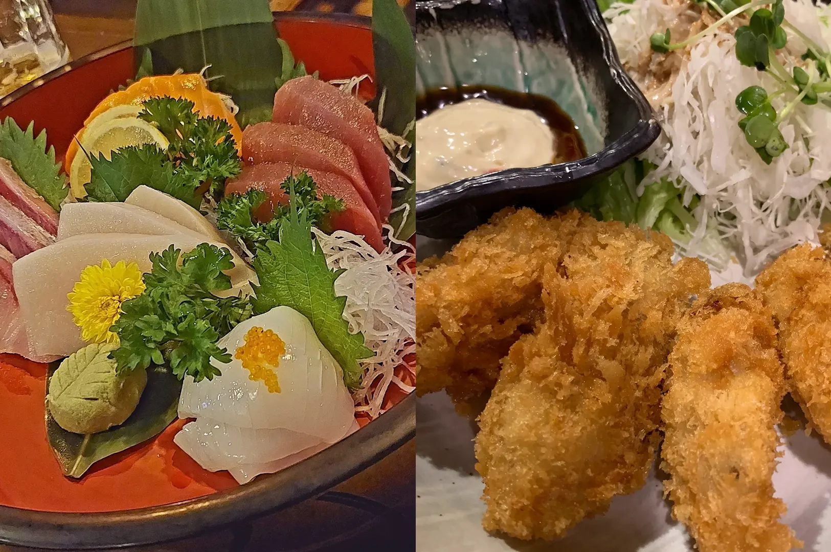 Assorted sashimi and fried tempura on plates.