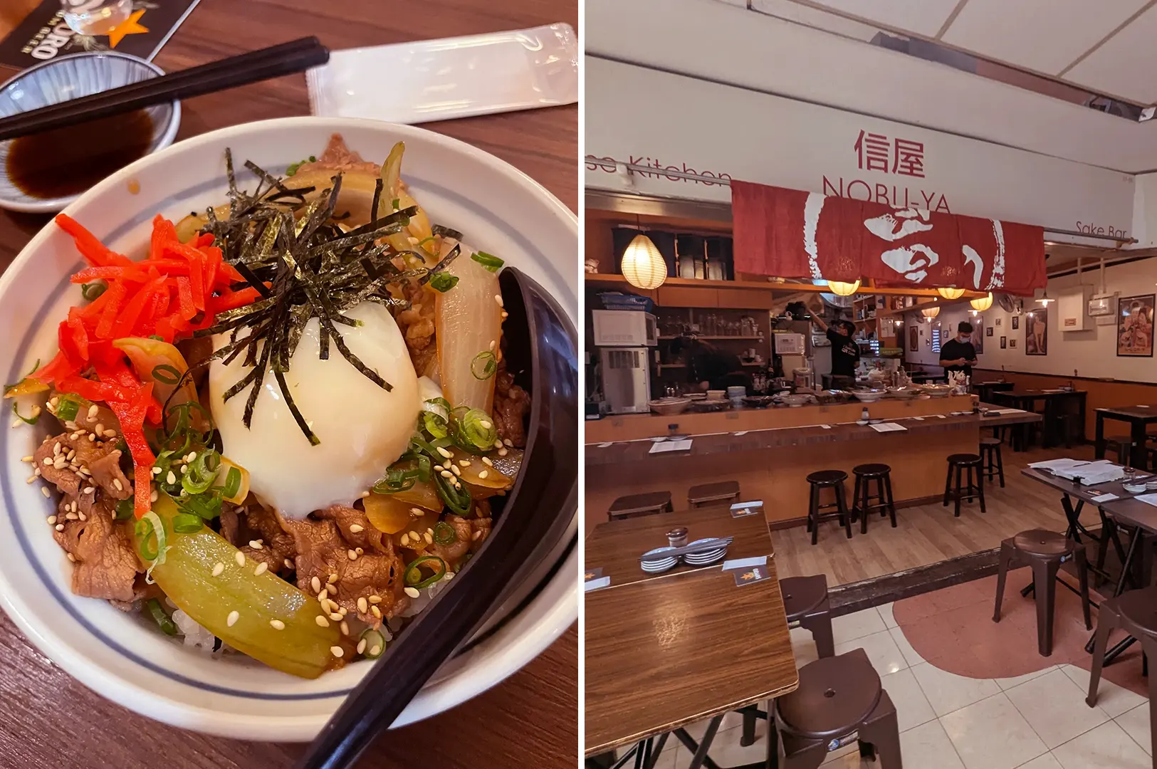 Rice bowl with beef, onsen egg and casual dining interior