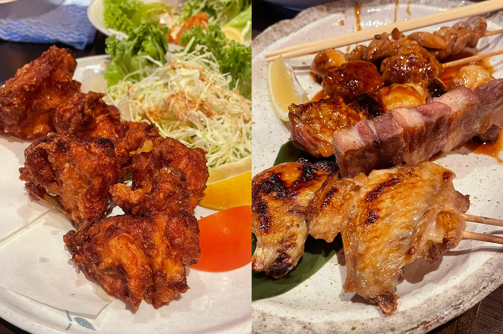 Fried chicken pieces and grilled skewers on plates.