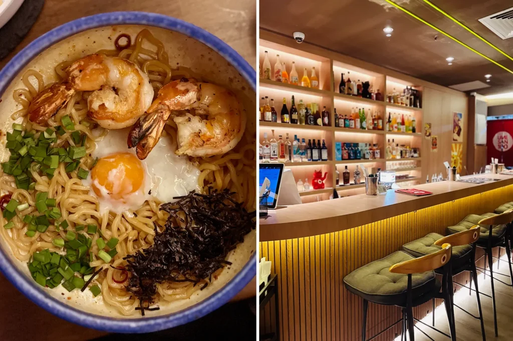 Ramen bowl with shrimp and egg and sake bar counter