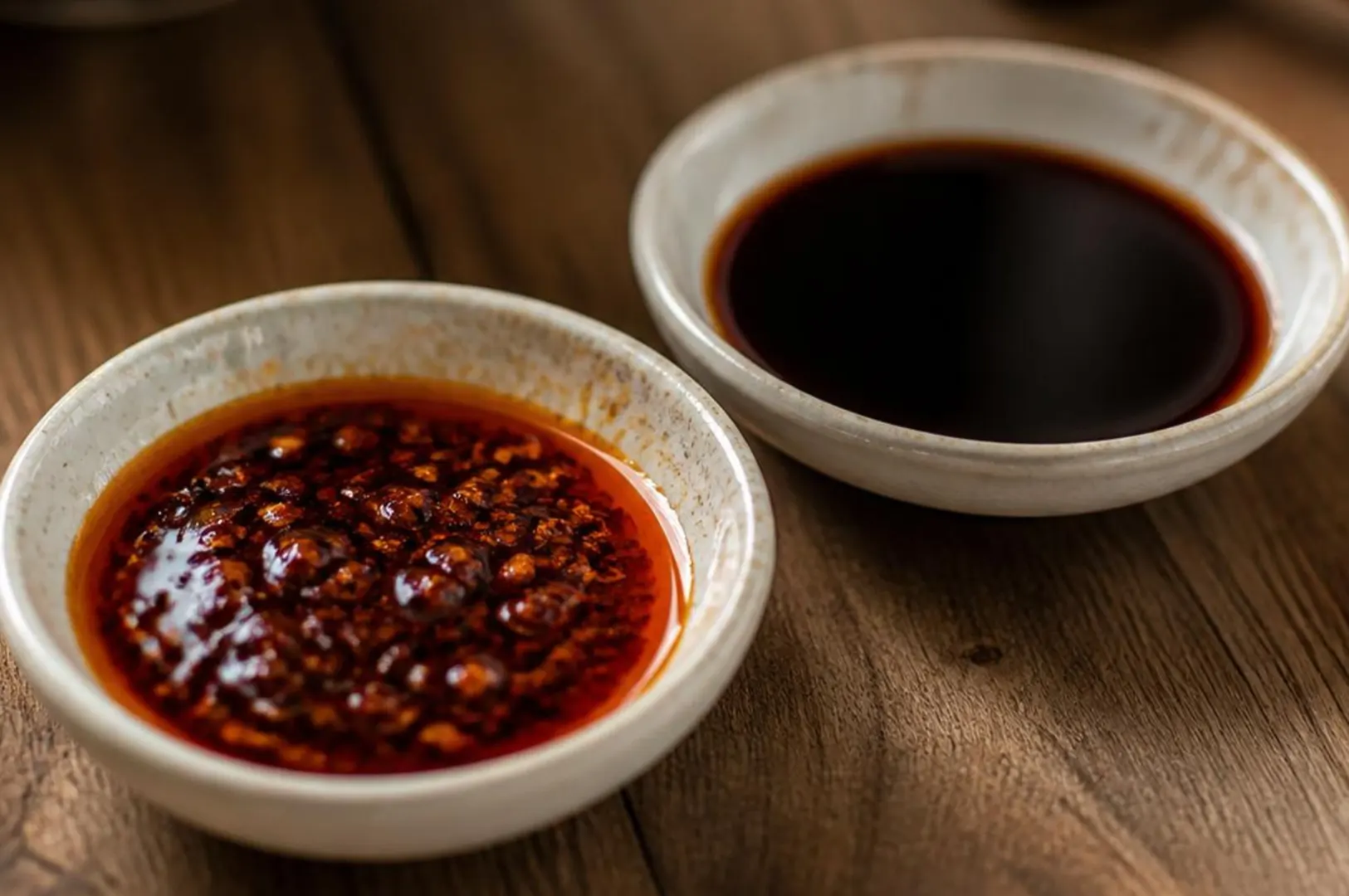 Chili oil and tare sauce in small dishes on a wooden table.