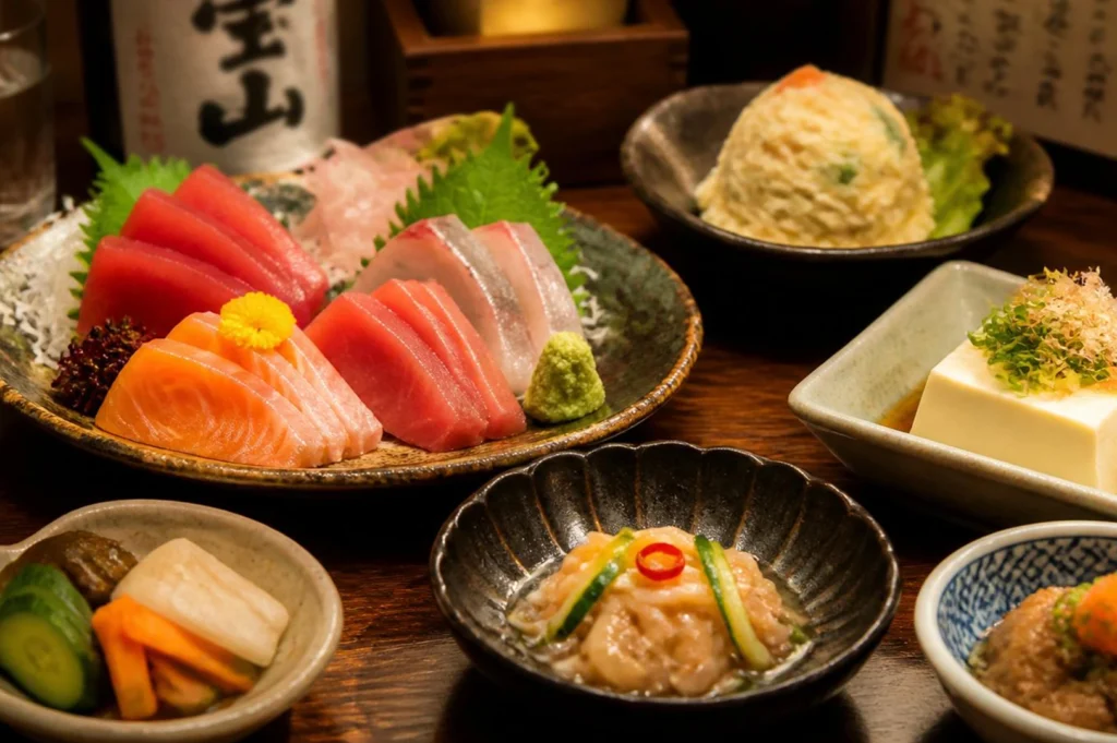 Assorted cold izakaya appetizers on wooden table.