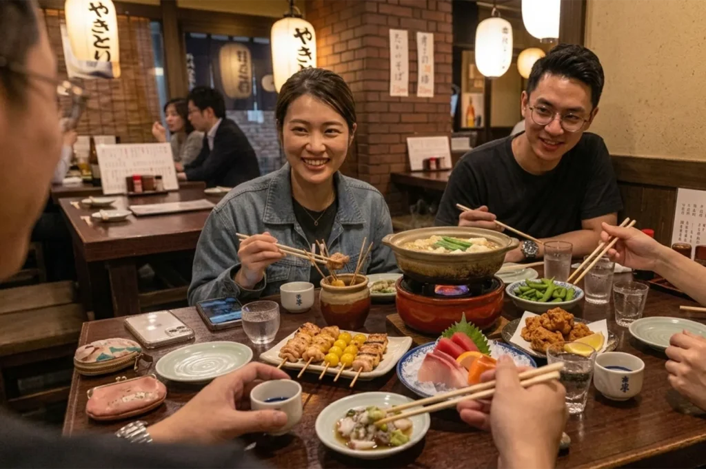 Diners at izakaya table with plenty of food like yakitori and sashimi dishes on the table.