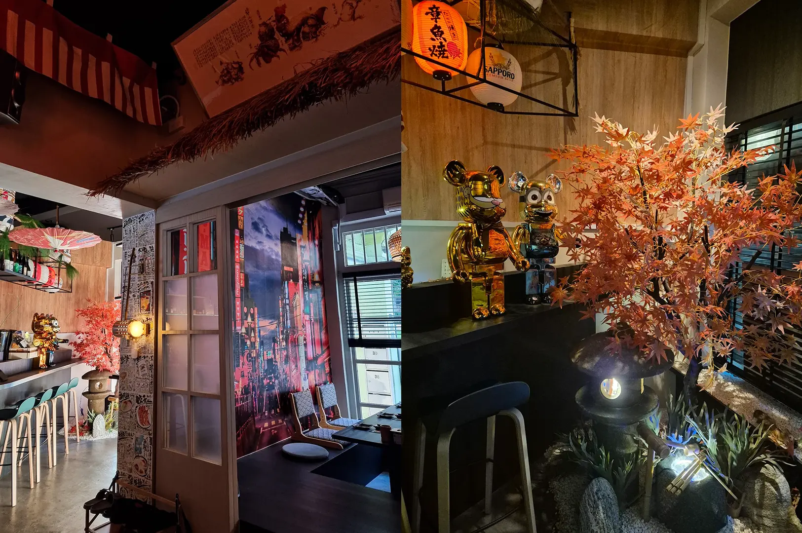 Hiyaki Yakitori Izakaya Bar entrance with autumn foliage and Japanese decor.