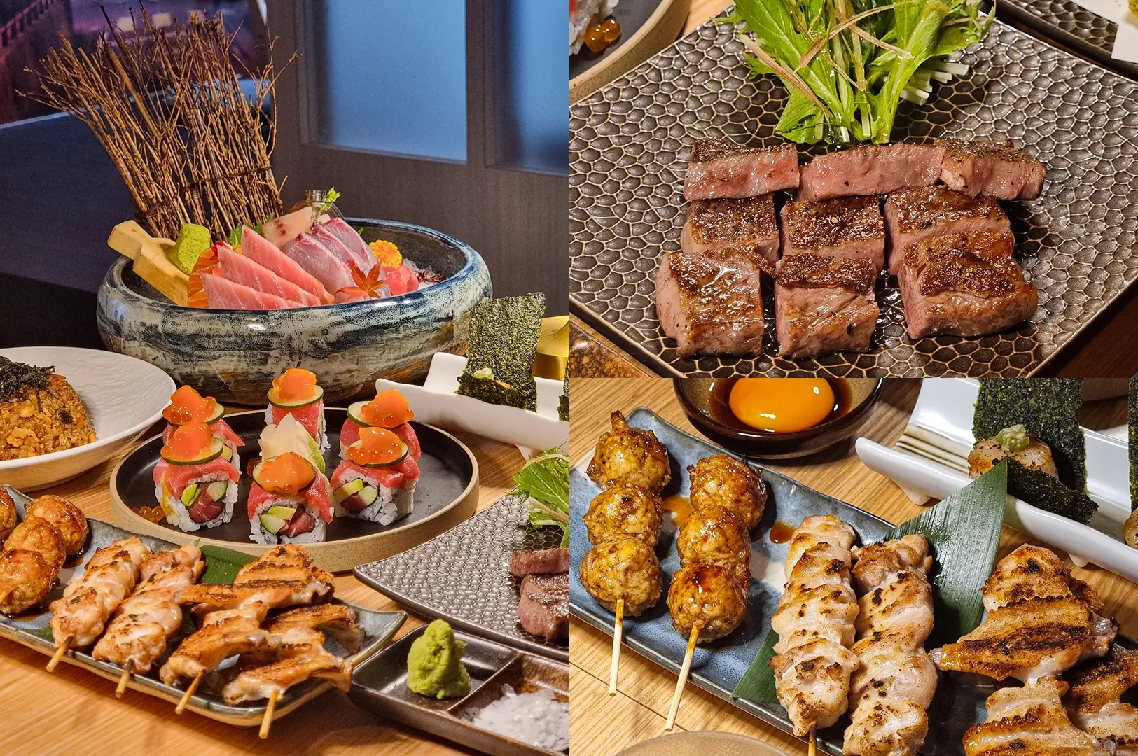 Assorted yakitori skewers, sashimi, sushi rolls, and grilled beef at Hiyaki Yakitori Izakaya Bar.