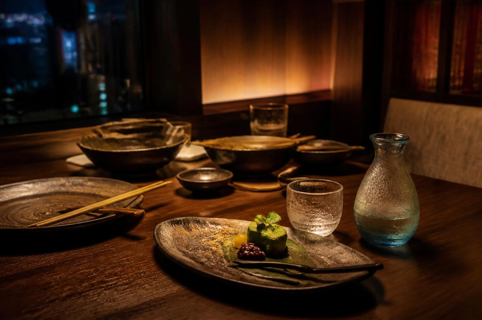A dimly lit izakaya table with dessert, empty plates, chopsticks, and a frosted sake carafe at night.