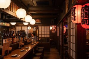 Cozy Japanese izakaya interior with lantern lighting and wooden counter