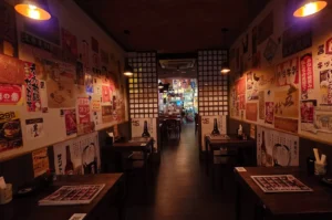 Dimly lit Hachimaru Izakaya dining room with poster-covered walls, pendant lights, wooden tables, and a central walkway leading to the bar.