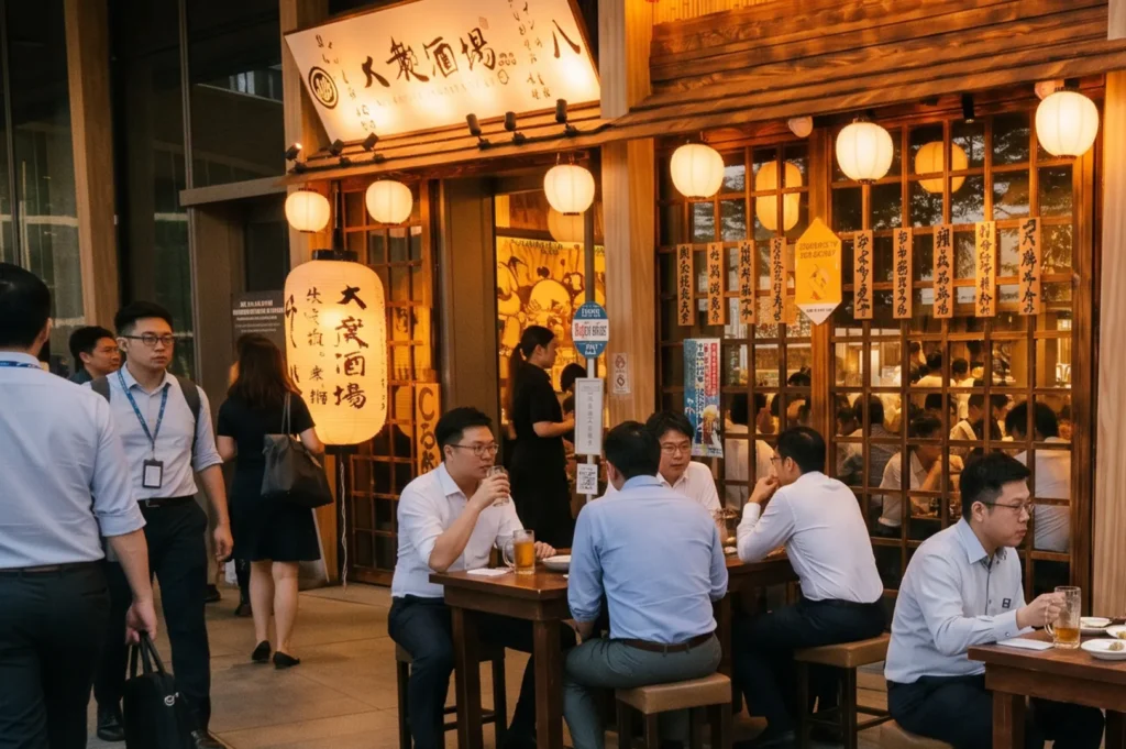 Business colleagues enjoying beer and food at an outdoor table of a traditional Japanese izakaya restaurant under warm paper lanterns.