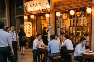 Business colleagues enjoying beer and food at an outdoor table of a traditional Japanese izakaya restaurant under warm paper lanterns.