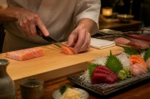 A chef slices salmon on a wooden cutting board beside an assorted sashimi platter.